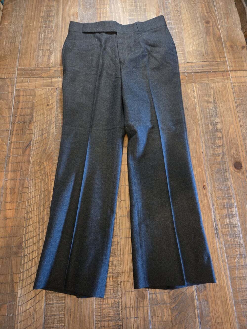 100% Virgin Wool charcoal tailored trousers featuring a wide or slightly flared